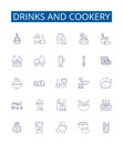 Drinks and cookery line icons signs set. Design collection of Beverages, Cuisine, Cocktails, Smoothies, Dishes, Recipes Royalty Free Stock Photo