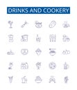 Drinks and cookery line icons signs set. Design collection of Beverages, Cuisine, Cocktails, Smoothies, Dishes, Recipes Royalty Free Stock Photo