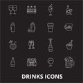 Drinks editable line icons vector set on black background. Drinks white outline illustrations, signs, symbols Royalty Free Stock Photo