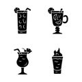 Drinks glyph icons set. Cocktail in highball glass, hot toddy, pina colada, flaming shot. Alcoholic mixes and soft