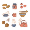 Drinks and hot food hand drawn color icons set on white