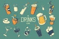 Drinks and cocktails icon set in hand drawing style. Vector illustration.