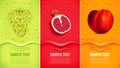 Drinks and juice background with drops and grape, pomegranate, peach