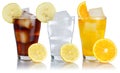 Drinks lemonade cola drink softdrinks glass in a row with lemon isolated on white Royalty Free Stock Photo