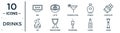 drinks linear icon set. includes thin line bar, cosmopolitan, chocolate, sidecar drink, liquor, jigger, jug icons for report,