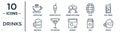 drinks linear icon set. includes thin line cappuccino, brindis with wine glasses, soft drink, 007 martini, milk, frappe, beer mug