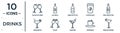 drinks linear icon set. includes thin line glass of wine, wine bottles, fish skeleton, toast, espresso, sidecar drink, margarita Royalty Free Stock Photo