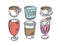 Drinks mugs set. Colorful cartoon style. Vector illustration. Royalty Free Stock Photo