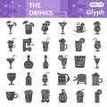 Drinks solid icon set, beverage symbols collection or sketches. Alcohol drinks signs for web, glyph style pictogram