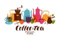 Drinks, tea, coffee banner. Design template for restaurant menu or cafe. Vector illustration