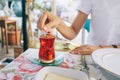 Drinks Turkish tea from a glass in a traditional authentic restaurant Royalty Free Stock Photo