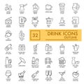 Drinks vector icons set. Simple flat illustrations on white. Coffee and alcohol drinks. Outline design. eps 10