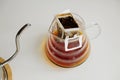 Drip bag coffee brewing process top view. Easy simple brew method, new trend