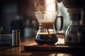 Hand drip coffee kit, barista pouring water on coffee ground with filter. Generative ai