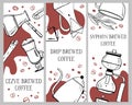 Drip, cezve, syphon coffee brewing methods banner design templates. Hand drawn vector outline illustration