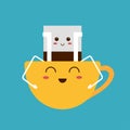 Drip coffee bag and cute cup. Trendy drink with face, characters in kawaii style. Yellow mug happy, break concept. Vector