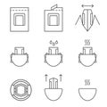 Drip coffee bag for easy brewing in a cup. Set of vector icons, black isolated illustration on white background