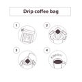Drip coffee bag for easy brewing in cup. Set of vector icons, line isolated illustration on white background Royalty Free Stock Photo