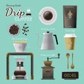 Drip coffee brewing guide set Royalty Free Stock Photo