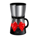 Drip coffee maker with red ribbon and bow. 3D rendering. Gift concept. Realistic vector illustration isolated on white background Royalty Free Stock Photo