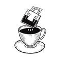 Drip coffee in mug black color sketch style vector illustration. Royalty Free Stock Photo