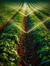 Drip irrigation system watering lush green crop rows in a farm during sunlight Royalty Free Stock Photo