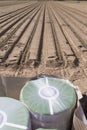 Drip irrigation tape reels close to recently planted seedlings