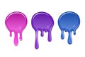 Drip paint spot 3D set isolated white background. Pink, blue ink splash. Splatter stain texture. Dribble down design Royalty Free Stock Photo