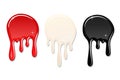 Drip paint spot 3D set isolated white background. Red, black ink splash. Splatter stain texture. Dribble down design Royalty Free Stock Photo