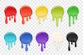 Drip paint spot 3D set isolated white transparent background. Rainbow blob ink splash. Splatter stain texture. Dribble Royalty Free Stock Photo