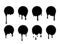 Drip paint stickers. Black melted badges. Ink stains. Dripping circles set. Round shape silhouettes with flowing drops Royalty Free Stock Photo