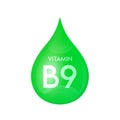 Drip vitamin B9 green icon 3D isolated on a white background. Drop minerals and vitamins complex realistic.