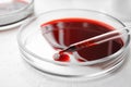 Dripping blood from pipette into Petri dish on table, closeup. Laboratory analysis