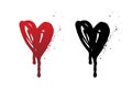 Dripping blood or red heart brush stroke isolated on white background. Hand drawn black grunge heart.