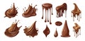 Dripping chocolate, liquid sweet brown syrup. Dessert elements, isolated cartoon chocolates swirls and drops. Vector