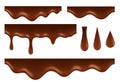 Dripping chocolate. Liquid syrup, foods delicious sauce. 3d current cacao background. Melted drop, realistic stream