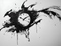 dripping clock, black ink, artistic expression, surreal time piece, light background