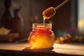 Dripping honey from honey wooden stick. Generate ai Royalty Free Stock Photo