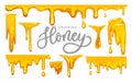 Dripping honey on white background. colorful collection of delicious honey drops. Melted honey isolated on white background.