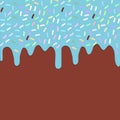 Dripping Melted blue Glaze with sprinkles. Brown chocolate background for your text. Vector Royalty Free Stock Photo