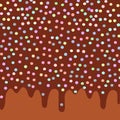 Dripping Melted chocolate Glaze with sprinkles. Brown background for your text. Vector Royalty Free Stock Photo