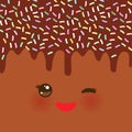 Dripping Melted chocolate Glaze with sprinkles. Kawaii cute face with eyes and smile. Brown background for your text. Vector Royalty Free Stock Photo