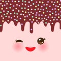 Dripping Melted chocolate Glaze with sprinkles. Kawaii cute face with eyes and smile. pink background for your text. Vector Royalty Free Stock Photo