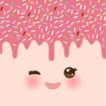 Dripping Melted pink raspberry strawberry Glaze with sprinkles. Kawaii cute face with eyes and smile. pink background for your tex Royalty Free Stock Photo