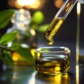Dripping olive oil into a glass container. Generative AI. Royalty Free Stock Photo