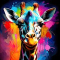 Dripping picture, colorful, bright, in rainbow colors funny Giraffe Close-up with a rainbow photon, illustration