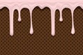 Dripping pink ice cream flowing over chocolate or brown waffle texture background. Cafe menu, food packaging design Royalty Free Stock Photo