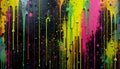 Dripping streams of vivid paint cascade down a black canvas.