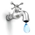 Dripping tap with drop on white background