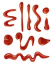 Dripping tomato. Barbecue liquid red sauce ketchup splashes decent vector illustrations collection set